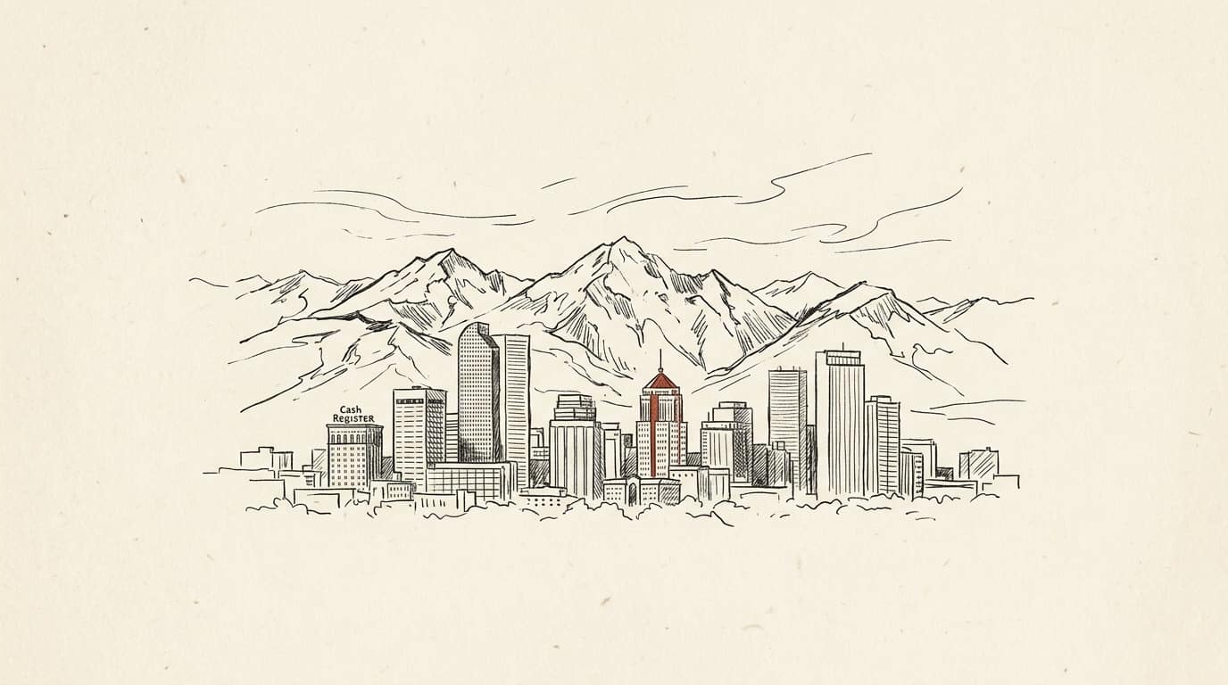 Illustration of the Denver skyline and Rocky Mountains