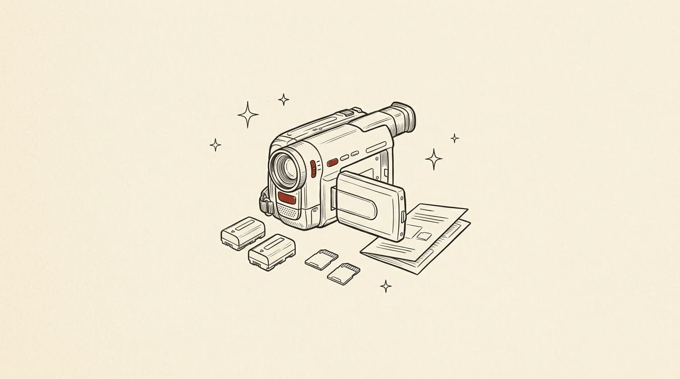 Pen-and-ink illustration of a DIY wedding video kit: a handheld camcorder with batteries, SD cards and an instruction card