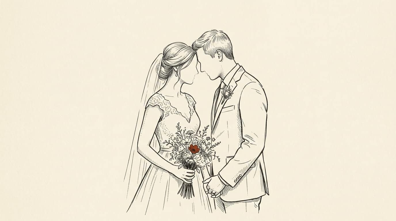 Illustration of a wedding couple in a tender embrace