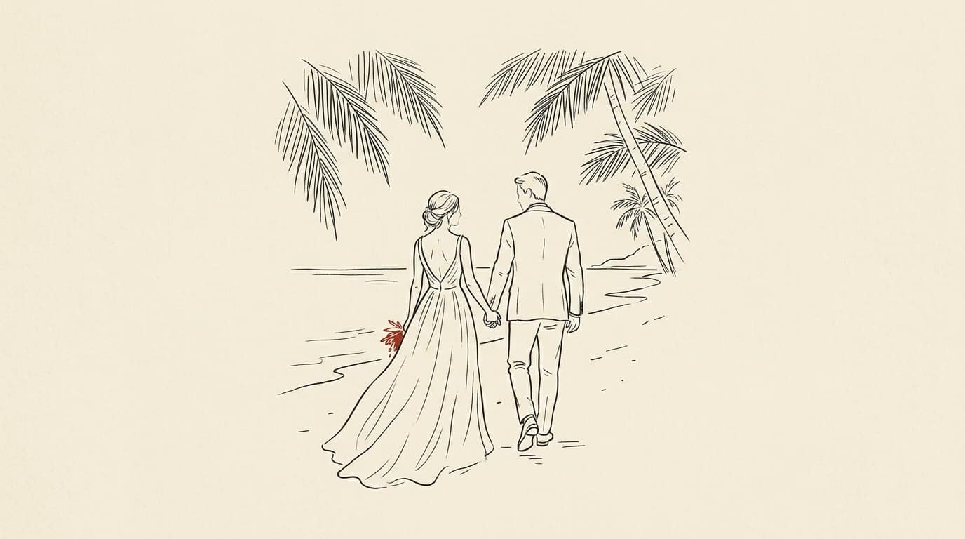 Illustration of a wedding couple walking along a palm-lined shore
