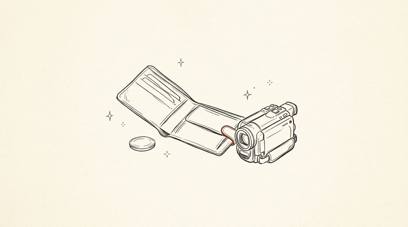 Pen-and-ink illustration of an open wallet with a coin beside a small camcorder