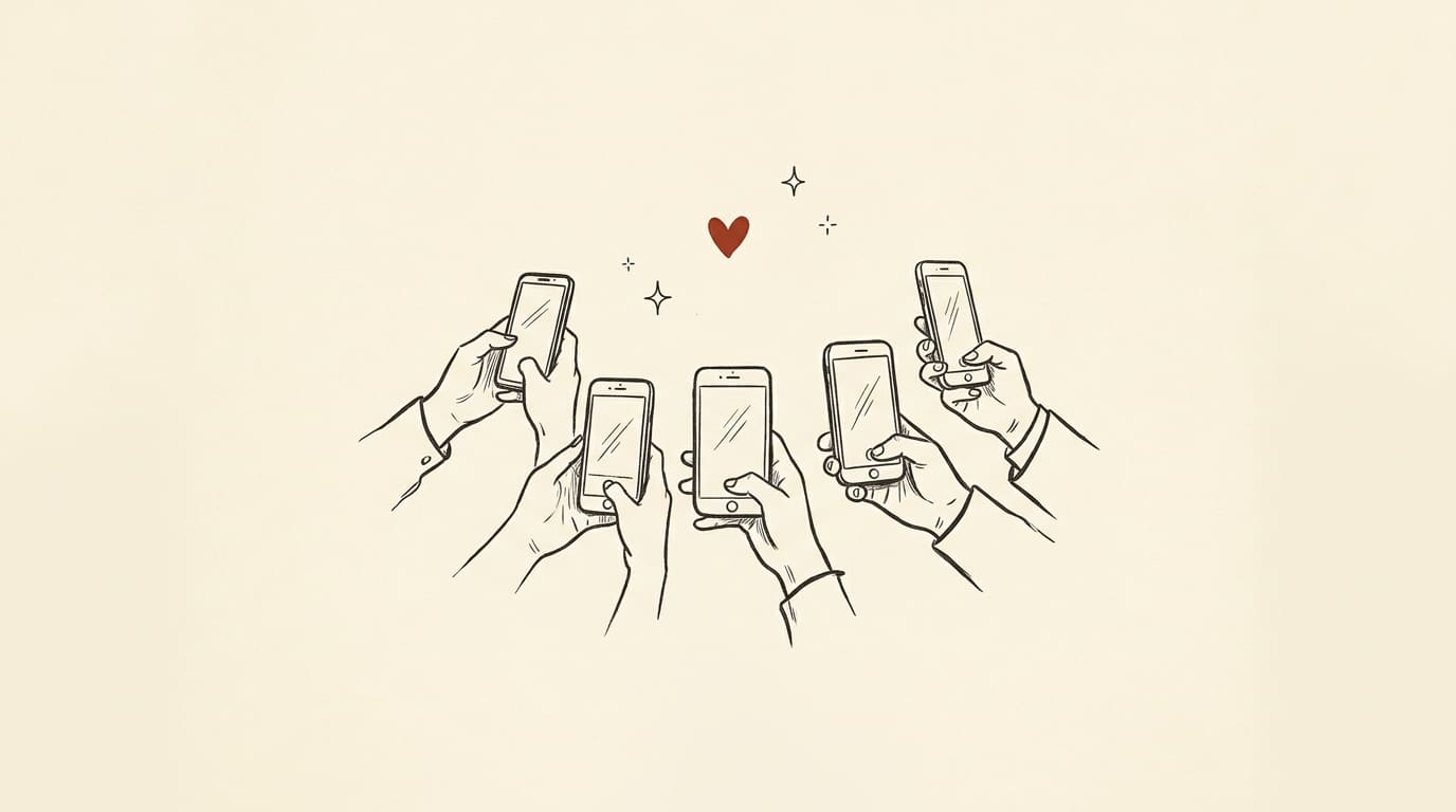 Pen-and-ink illustration of guests' hands holding up phones to film, with a small heart