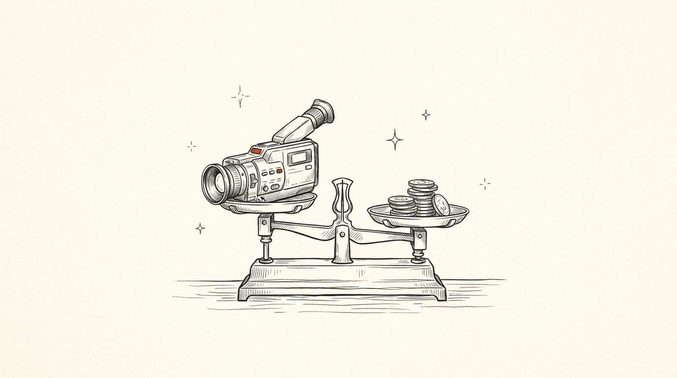 Pen-and-ink illustration of a camcorder on a balance scale weighed against a stack of coins