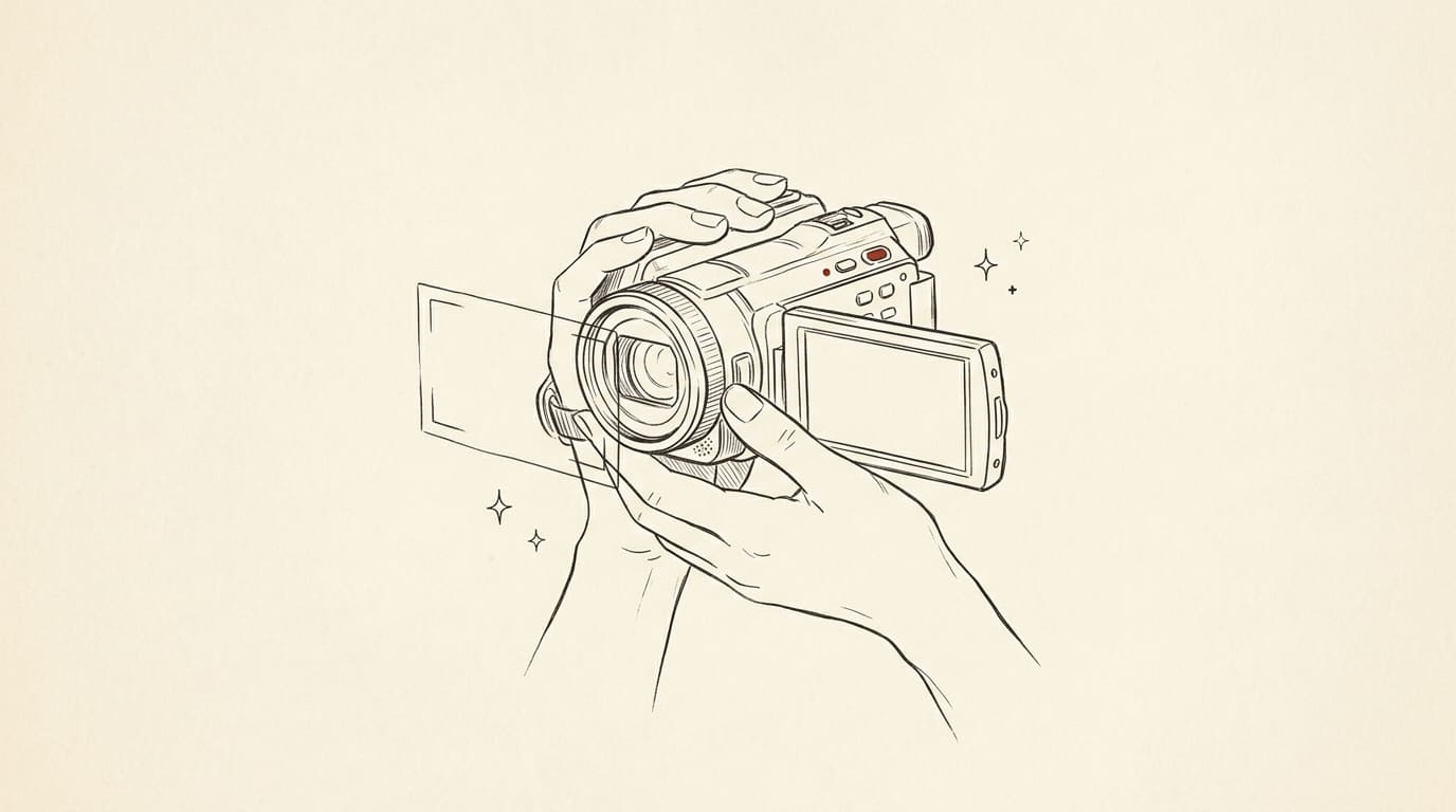 Pen-and-ink illustration of hands holding a camcorder with a viewfinder framing guide