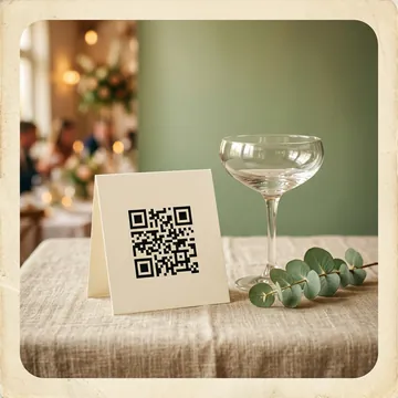 A cream tent card with a QR code standing on a reception table.