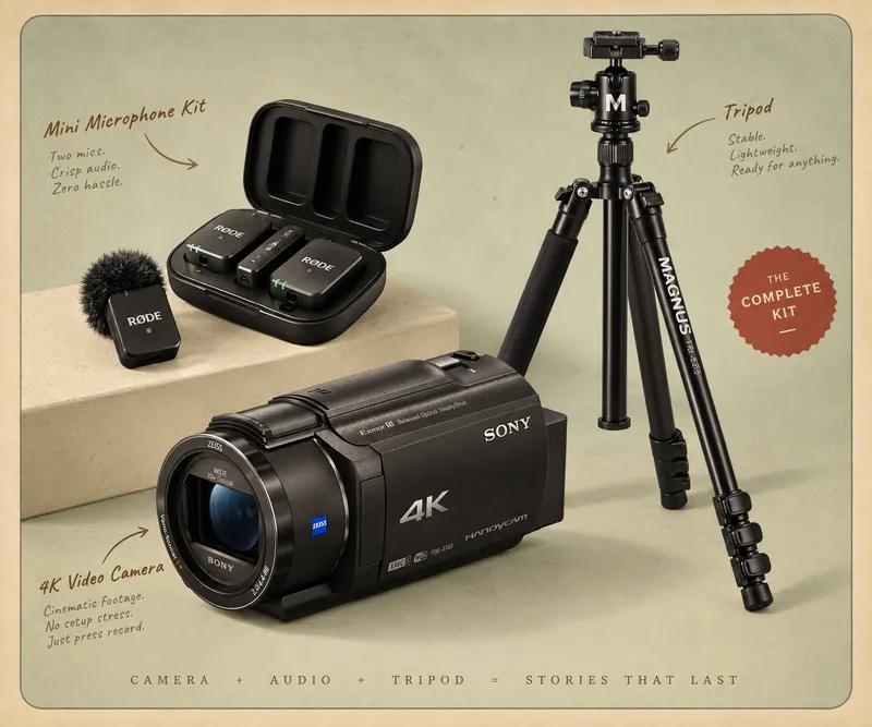 A Sony 4K Handycam, the two-mic wireless microphone kit in its charging case, and the tall tripod, laid out on a table.