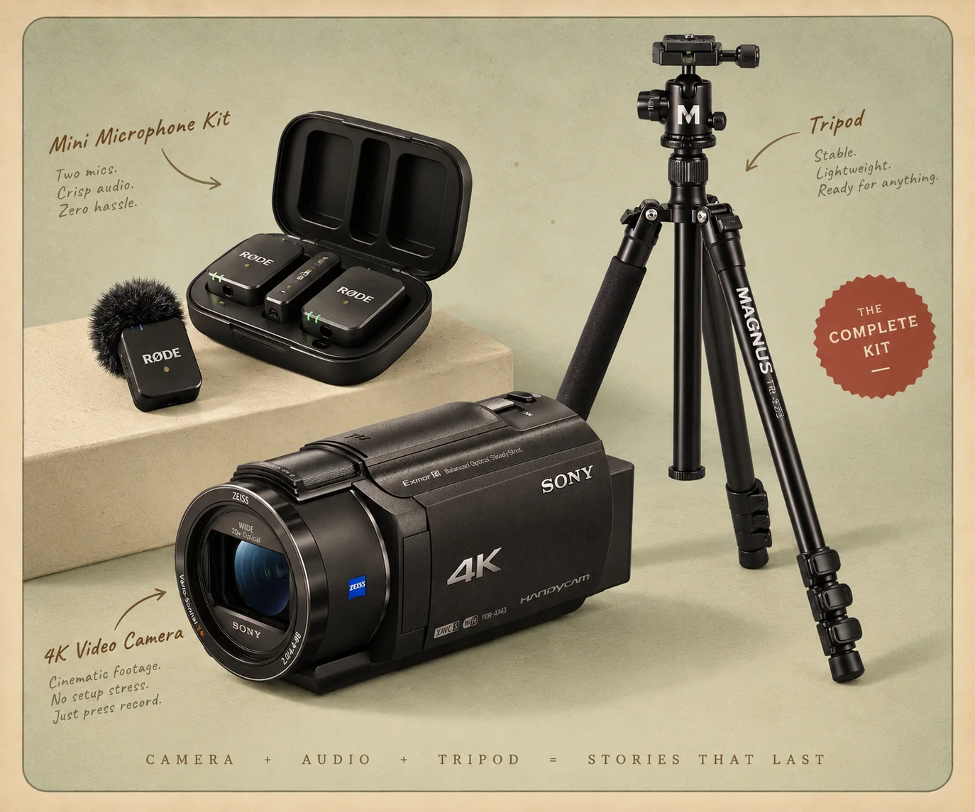 A Sony 4K Handycam, the two-mic wireless microphone kit in its charging case, and the tall tripod, laid out on a table.