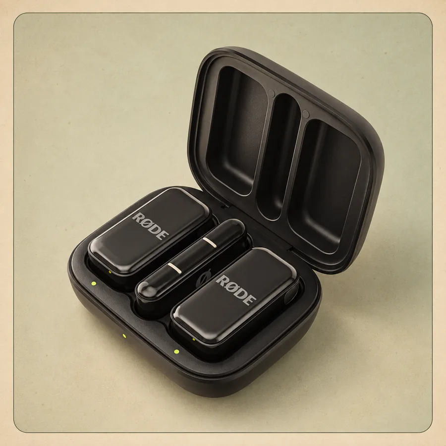 The wireless mic kit: two clip-on mics and their receiver in the charging case.