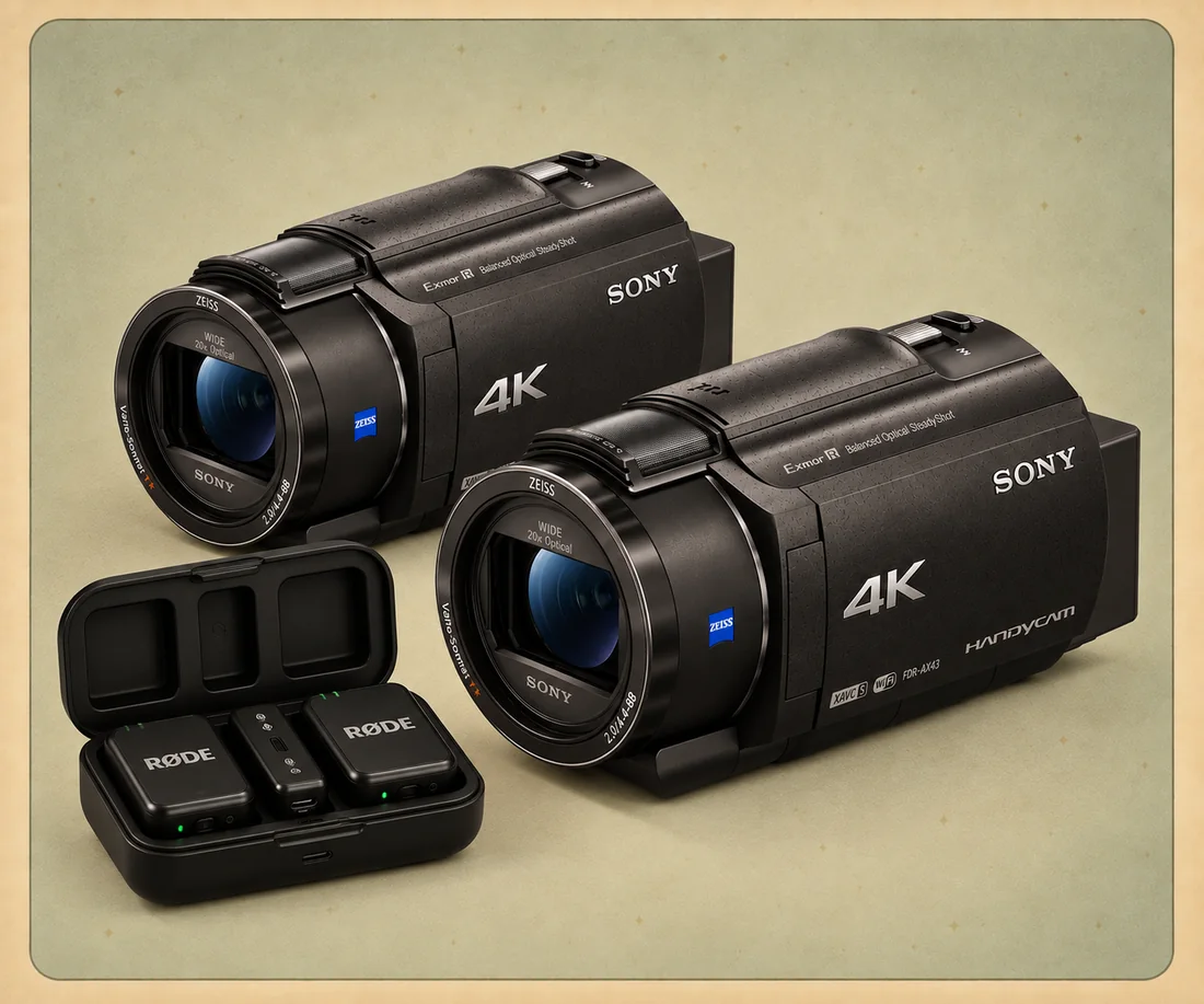 Two Sony 4K Handycams and the two-mic kit in its case.