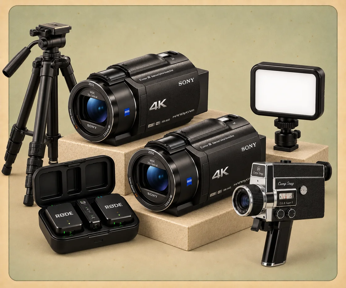 Two Sony 4K Handycams, the two-mic kit in its case, an LED light, a Camp Snap camera, and the tall tripod.