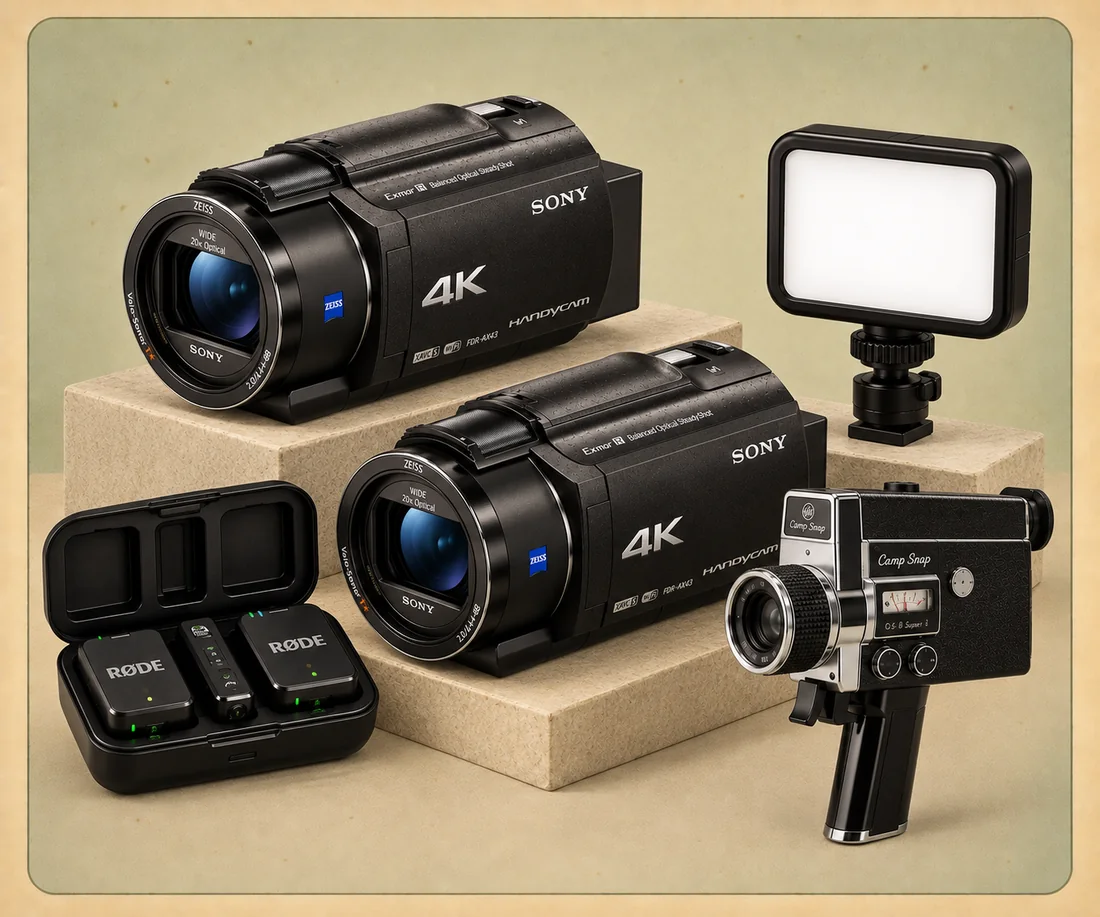 Two Sony 4K Handycams, the two-mic kit in its case, an LED light, and a Camp Snap camera.