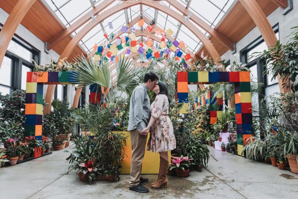 Engagement photo with a colorful background in Boston